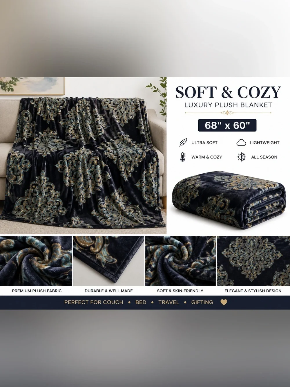Soft & Cozy Luxury Plush Blanket - Black Floral Damask Soft blanket 68”x60”